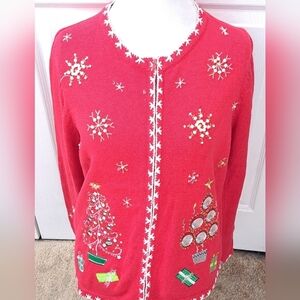 Red Christmas Cardigan With Embellishments     Size PM